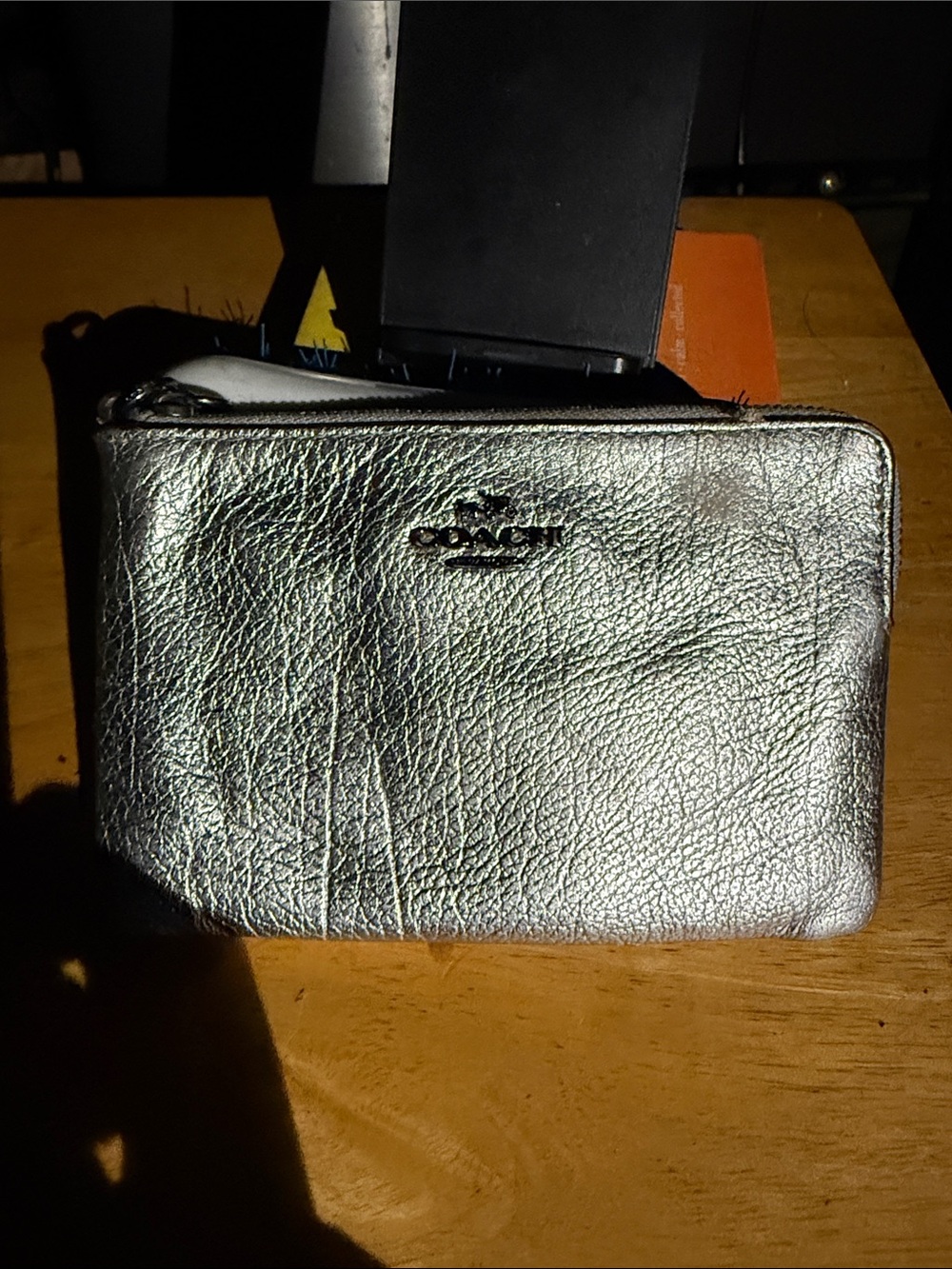 Coach Silver Metallic Leather Wristlet Pouch